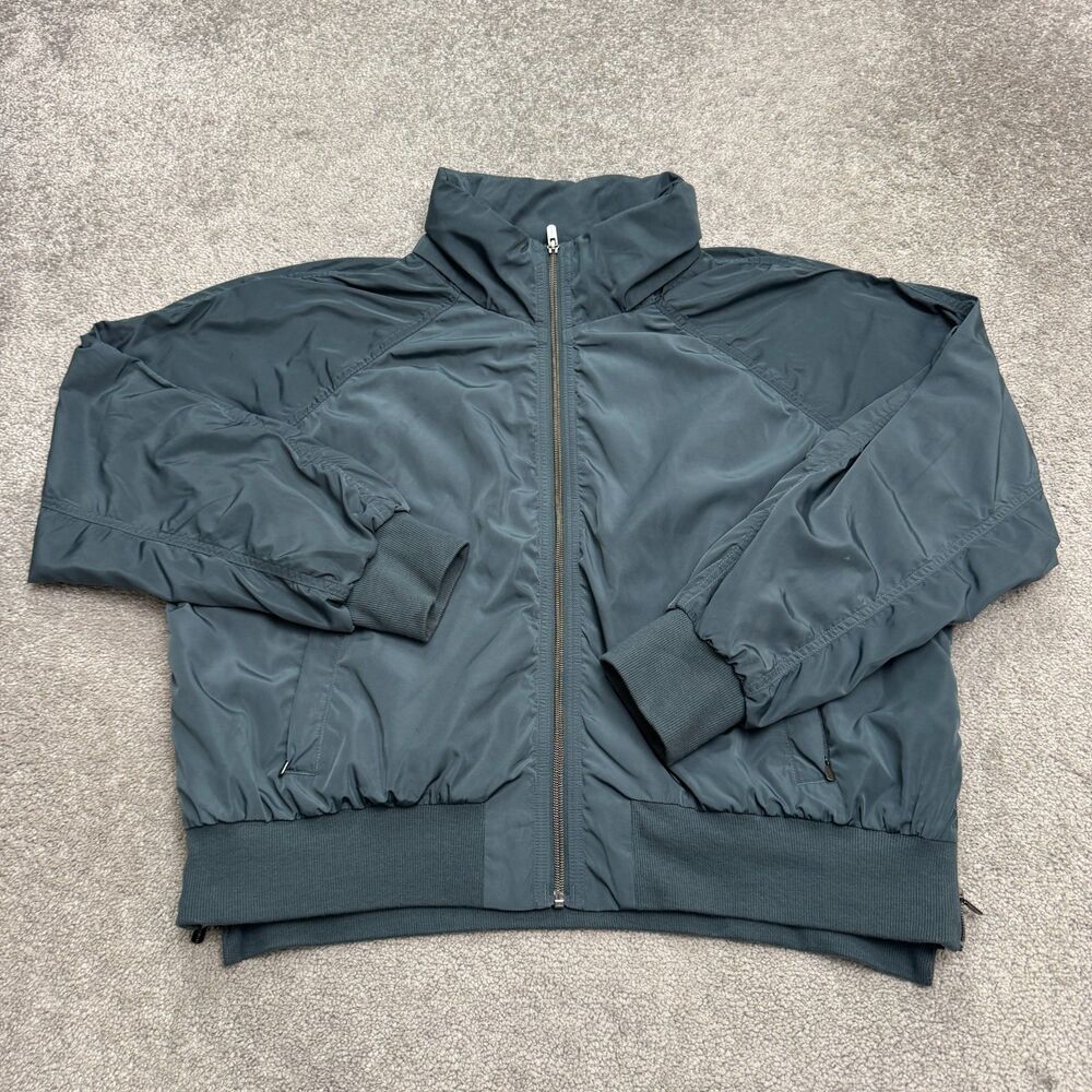 Athleta Jetset Bomber Jacket Womens XL Blue Gray Full Zip Stowable Hood Active